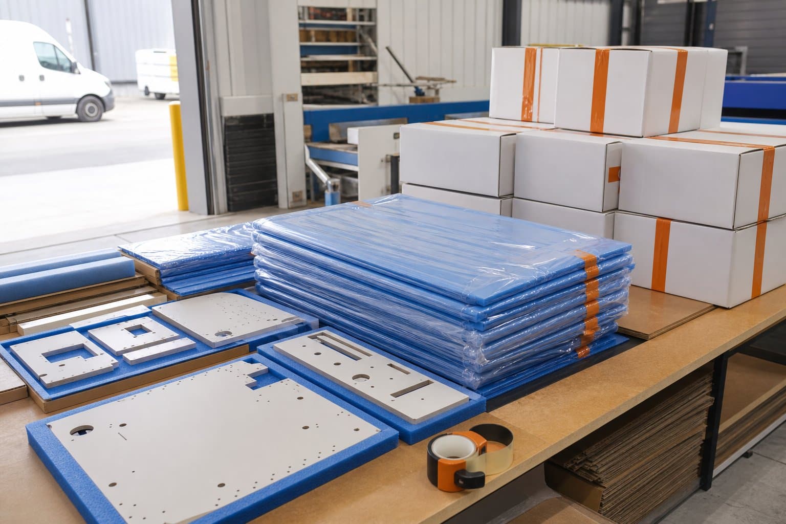 Finished CNC-cut parts protected and packaged for delivery