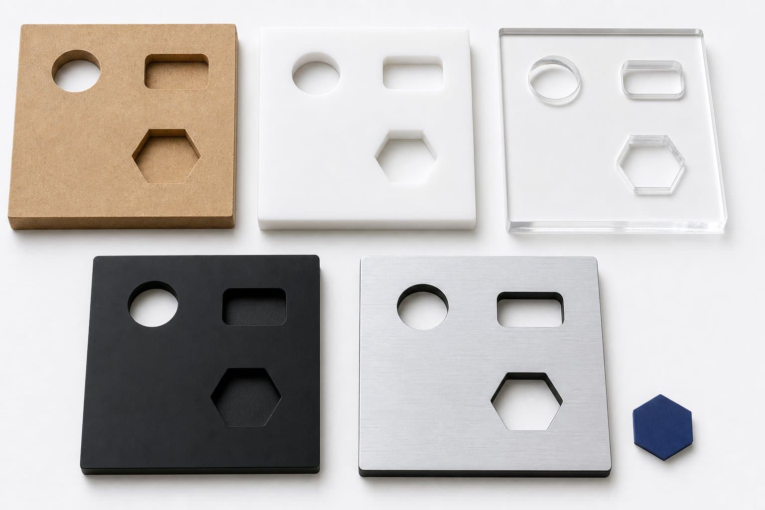 MDF, PVC, acrylic, HDPE and aluminum composite CNC material samples